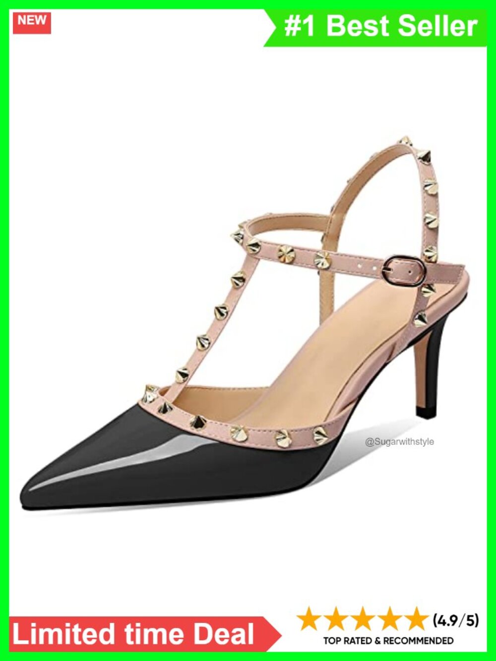Studded Kitten Heel Slingback Sandals Pointed Toe Ankle Strap Faux Leather